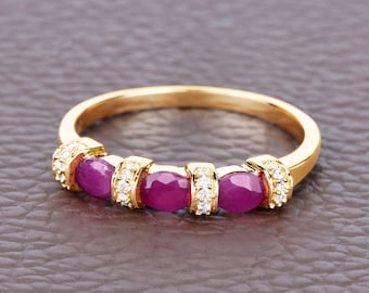 14K Gold Ruby Ring, Natural 3-Stone Ruby Yellow Gold Ring for Women, Engagement Ring, July Birthstone, Minimalist Ring, Dainty Ruby Ring