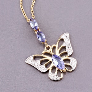 Tanzanite Pendant, Genuine Tanzanite 14K Yellow Gold Sterling Silver Butterfly Pendant Necklace for Women, Tanzanite Butterfly Pendant Gift