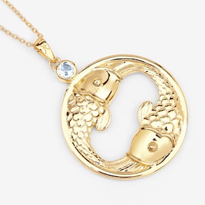 Pisces Fishes Pendant, 14k Sterling Silver Yellow Gold Plated Genuine Aquamarine Pisces Zodiac Pendant, Astrology Zodiac Sign Jewelry Gifts
