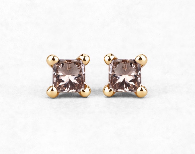 Champagne Diamond Earrings, 14k Solid Yellow Gold Princesscut