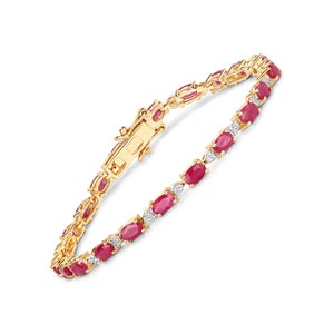 14k Gold Ruby Bracelet, Genuine Ruby Ovals and Diamond Gold Bracelet for Women, 14k Solid Yellow Gold Ruby Tennis Bracelet, July Birthstone