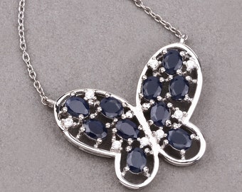 Sapphire Pendant, Genuine Midnight Blue Sapphire Sterling Silver Butterfly Pendant Necklace, Sapphire Butterfly Pendant Gift for Her