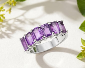 Amethyst Ring, Amethyst Silver Band Ring, Natural Amethyst Ring for Women, February Birthstone Ring
