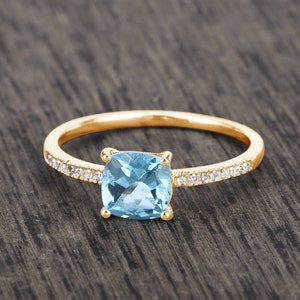 14kt Gold Natural Swiss Blue Topaz & Diamond Bridge Ring, Minimalist Gold Ring, Blue Stone Ring, December Birthstone Ring, Bridal Ring