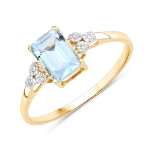 14k Gold Aquamarine Ring, Aquamarine and Diamond Halo Gold Ring, 14k Gold Rings for Women, 14k Gold Anniversary Ring, March Birthstone Ring