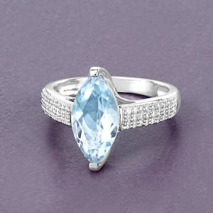14k Gold Aquamarine Ring, Genuine Aquamarine and Diamond White Gold Engagement Ring for Women, Aquamarine Statement Ring, March Birthstone