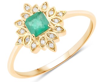 14kt Gold Emerald & Diamond Ring, Natural Emerald Ring, May Birthstone, Minimalist Ring, 14k Solid Yellow Gold Ring, Dainty Emerald Ring