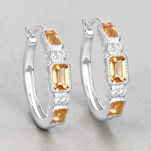 Citrine Earrings, Genuine Citrine Hoop Silver Earrings for Women, Natural Yellow Gemstone Earrings, Bridesmaid Gift for Her, Bridesmaid Gift