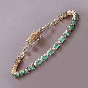 14k Gold Emerald Bracelet, Genuine Zambian Emerald Ovals and Diamond Gold Bracelet, Yellow Gold Emerald Tennis Bracelet, May Birthstone Gift