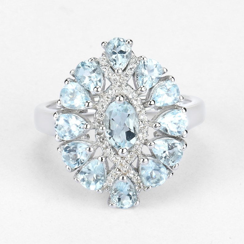 Natural Blue Aquamarine Ring Cluster Ring March Birthstone Ring Sterling Silver Aquamarine Ring Aquamarine Ring Blue Gemstone Ring