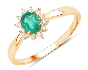 Emerald and Diamond Ring Halo Ring in 14k Gold, Natural Emerald Ring for Her, Yellow Gold Emerald Ring, Birthstone Ring, Minimalist Ring