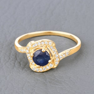 14K Gold Blue Sapphire Ring, Natural Blue Sapphire and Diamond Ring, Blue Gemstone Ring, Blue Sapphire Yellow Gold Ring, Minimalist Ring