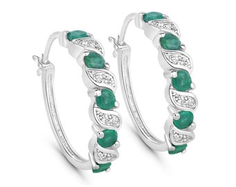 Emerald Earrings, Genuine Emerald Hoop Silver Earrings for Women, Natural Green Gemstone Earrings, Bridesmaid Gift for Her