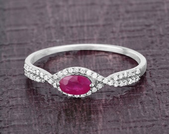 14K Gold Ruby Ring, Natural Ruby and Diamond White Gold Ring, Minimalist Ring, Dainty Ruby Gold Ring, July Birthstone, Engagement Ring