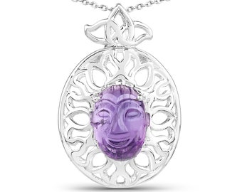 Amethyst Pendant, Natural Purple Amethyst Face Carving Silver Pendant, Carved Happy Face Silver Pendant for Women, Boho Carved Pendant
