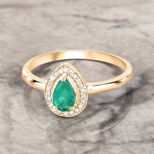 Emerald Ring, 14Kt Gold, Emerald Halo Ring, Gold Emerald Ring, Emerald & Diamond Ring, May Birthstone, Solid Gold Ring, Minimalist Jewelry