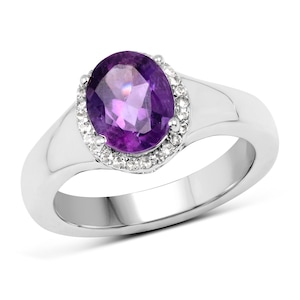 Amethyst Ring, Amethyst Silver Halo Ring, Natural Purple Amethyst Silver Gemstone Ring for Women, February Birthstone Ring, Gift for Her