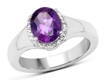 Amethyst Ring, Amethyst Silver Halo Ring, Natural Purple Amethyst Silver Gemstone Ring for Women, February Birthstone Ring, Gift for Her