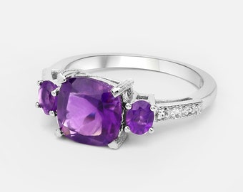 Real Amethyst Ring / 3-Stone Amethyst Silver Ring / Natural Amethyst Ring / February Birthstone Ring