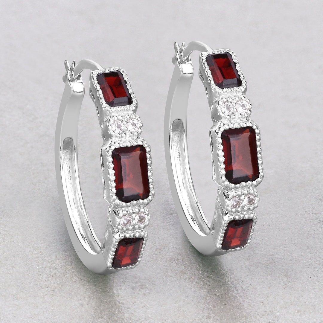 Garnet Hoop Earrings in Gold