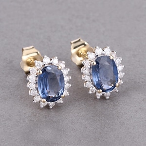Sapphire Earrings, Real Blue Sapphire Oval and Diamond 14k Yellow Gold Halo Earrings, September Birthstone, Dainty Earrings, Bridal Gift