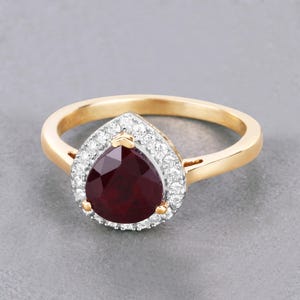 14kt Yellow Gold Ruby Ring, Natural Ruby and White Diamond Halo Ring, July Birthstone, Ruby Ring, Minimalist Ring, Bridal Ring, Wedding Gift