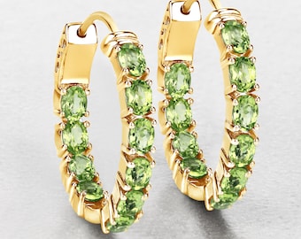 Peridot Earrings, Genuine Peridot Earrings Sterling Silver, Peridot Gold Plated Earrings for Women, August Birthstone Hoop Earrings for Her