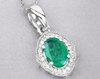 Emerald Gold Pendant, 14K White Gold Real Zambian Emerald Oval and White Diamond Halo Pendant, Green Gemstone, May Birthstone, Wedding Gift
