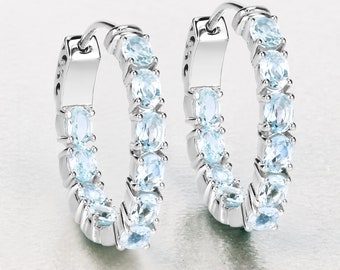Blue Topaz Earrings, Genuine Blue Topaz Earrings Sterling Silver, Blue Topaz Earrings for Women, December Birthstone Hoop Earrings for Her