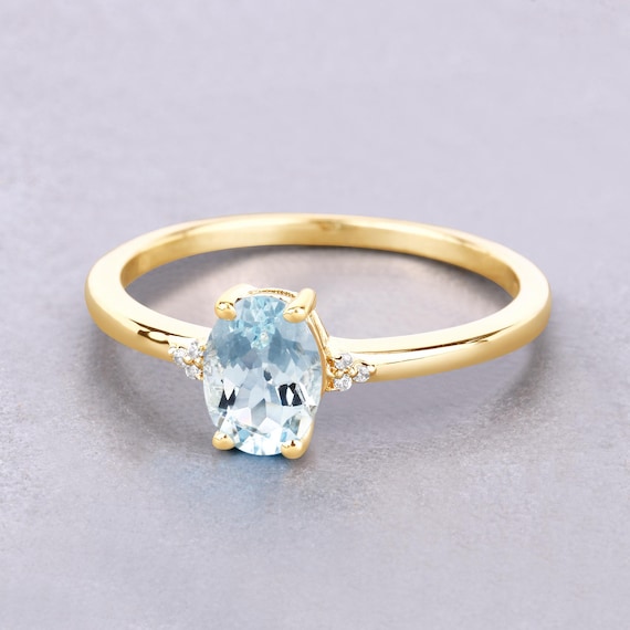 Aquamarine Ring, Natural Aquamarine Oval Diamond 10K Yellow Gold