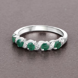Emerald Ring, Natural Emerald 5-Stone Sterling Silver Ring for Women, May Birthstone Ring, Green Gemstone Ring, Gift for Her