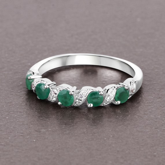 Emerald Ring, Natural Emerald 5-Stone Sterling Silver Ring for Women, May Birthstone Ring, Green Gemstone Ring, Gift for Her