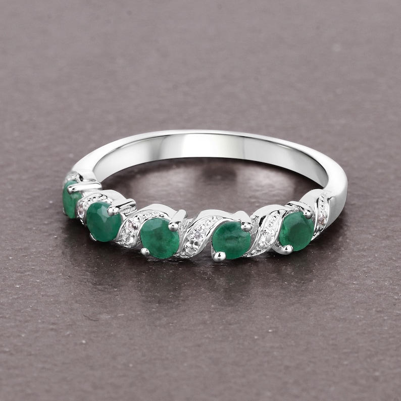 Emerald Ring, Natural Emerald 5-Stone Sterling Silver Ring for Women, May Birthstone Ring, Green Gemstone Ring, Gift for Her