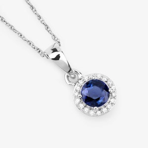 14K White Gold Sapphire Pendant, Genuine Blue Sapphire and Diamond Pendant Necklace, September Birthstone, Minimalist Sapphire Pendant