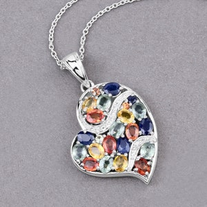 Sapphire Pendant, Natural Multi-Sapphire Sterling Silver Pendant Necklace for Women, Sapphire Heart Pendant, September Birthstone Pendant