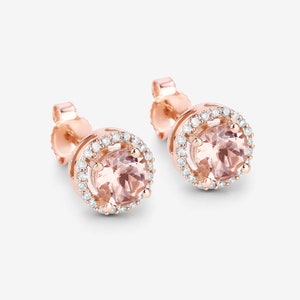 Morganite Earrings, Solid 14k Rose Gold Morganite Stud Earrings for Her, Natural Pink Gemstone Earrings, Morganite and Diamond Halo Studs