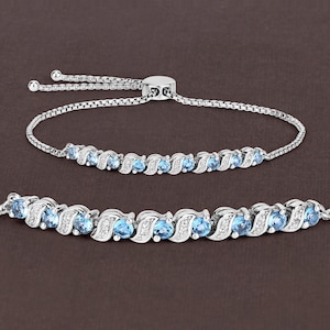 Swiss Blue Topaz Bracelet, Genuine Swiss Blue Topaz Bolo Bracelet for Her, December Birthstone Jewelry, Daintly Blue Topaz Silver Bracelet