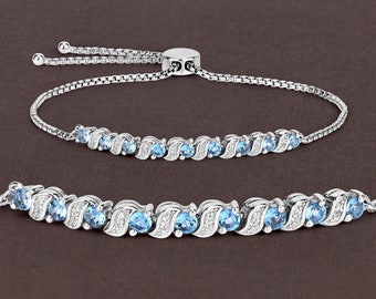 Swiss Blue Topaz Bracelet, Genuine Swiss Blue Topaz Bolo Bracelet for Her, December Birthstone Jewelry, Daintly Blue Topaz Silver Bracelet