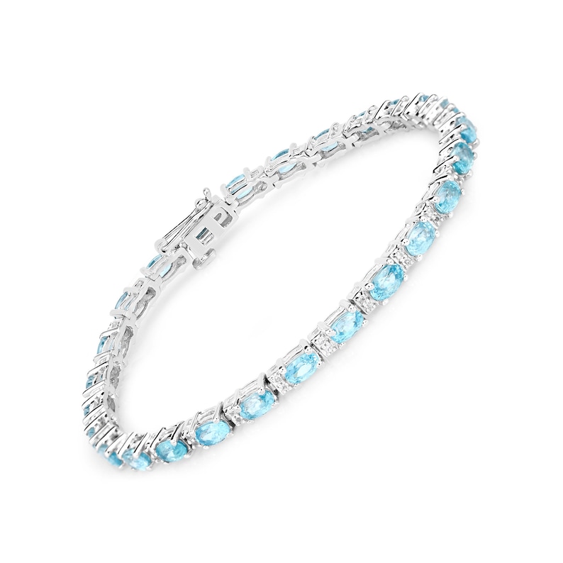 Blue Zircon Bracelet, Natural Blue Zircon Ovals Silver Tennis Bracelet, Blue Gemstone Bracelet for Her, Anniversary Bracelet Gift image 1
