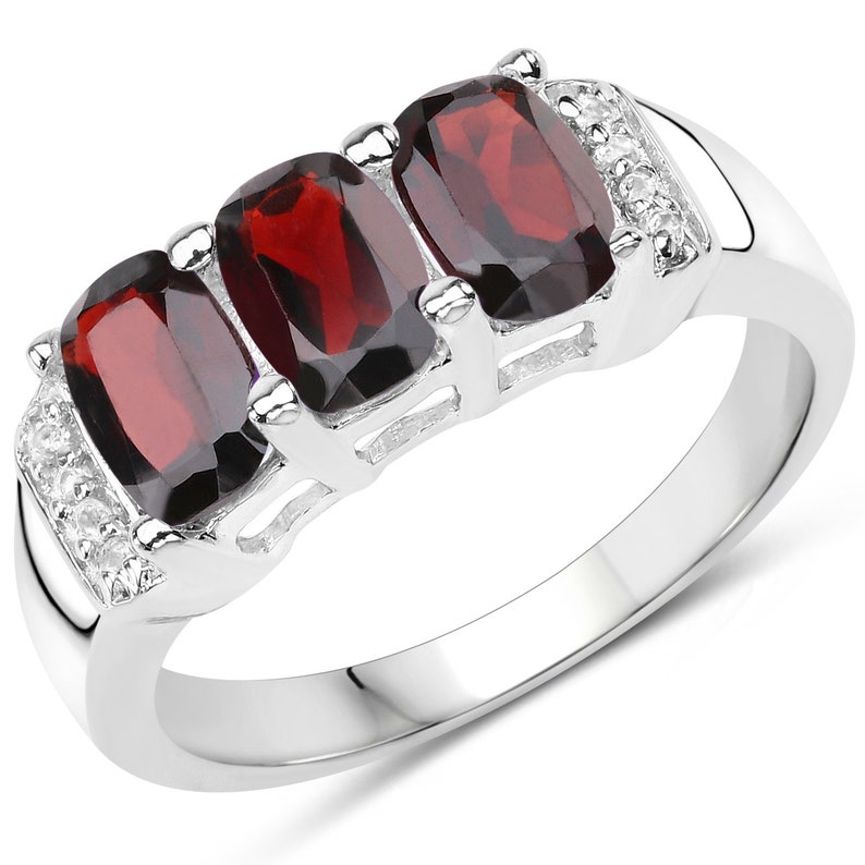 Garnet Silver Ring, Natural 3-Stone Garnet Ring in 925 Sterling Silver, Mozambique Garnet Silver Ring, January Birthstone Ring