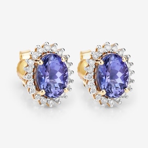 Tanzanite Earrings, Solid 14k Yellow Gold Tanzanite Diamond Halo Stud Earrings for Her, Violet Gemstone Gold Earring, Anniversary Gift