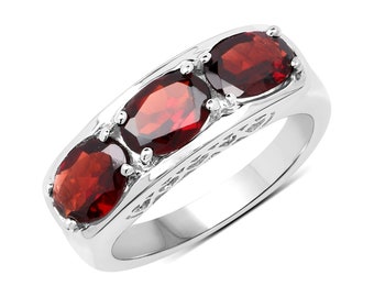 Garnet Silver Ring, Natural 3-Stone Garnet Ring in 925 Sterling Silver for Women, Mozambique Garnet Silver Ring, January Birthstone Ring