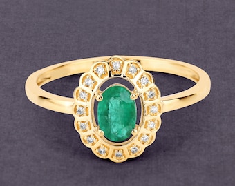 Emerald Ring, Emerald and Diamond Halo Ring in 14k Gold, Genuine Emerald Ring, May Birthstone, Genuine Emerald, Christmas Gift, Gold Ring