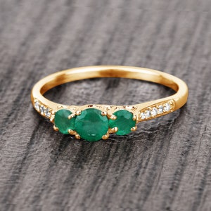 14K Yellow Gold, Natural Emerald Ring, Emerald Engagement Ring, Gold Emerald Ring, Emerald & Diamond Ring, May Birthstone Ring, 3 Stone Ring