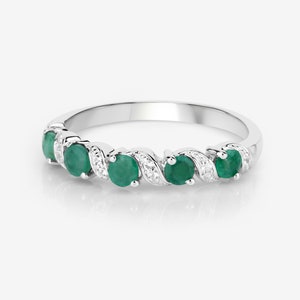 Emerald Ring, Natural Emerald 5-Stone Sterling Silver Ring for Women, May Birthstone Ring, Green Gemstone Ring, Gift for Her
