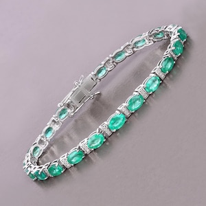 14k Gold Emerald Bracelet, Genuine Zambian Emerald and Diamond Gold Bracelet for Women, May Birthstone, White Gold Emerald Tennis Bracelet