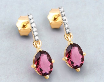 14K Yellow Gold Pink Tourmaline Earrings, Genuine Pink Tourmaline and Diamond Stud Earrings, October Birthstone, Tourmaline Drop Earrings