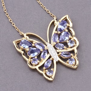 Tanzanite Pendant, Genuine Tanzanite 14K Yellow Gold Sterling Silver Butterfly Pendant Necklace for Women, Tanzanite Butterfly Pendant Gift