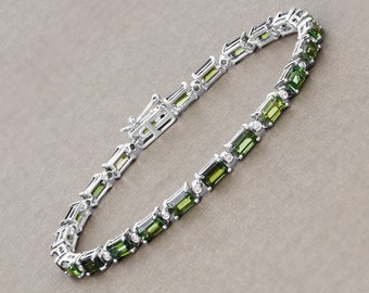 14K White Gold Green Tourmaline Bracelet, Genuine Green Tourmaline and Diamond Solid Gold Tennis Bracelet, October Birthstone, Wedding Gift