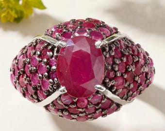 Ruby Ring, Natural Ruby Sterling Silver Ring, Ruby Cluster Ring, July Birthstone Ring, Statement Ring, Ruby Bridal Ring, Silver Ruby Ring